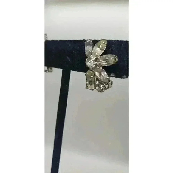 Vintage Earrings Clear Rhinestone Clip Clear Half Flower Star Bride Statement - Picture 5 of 10